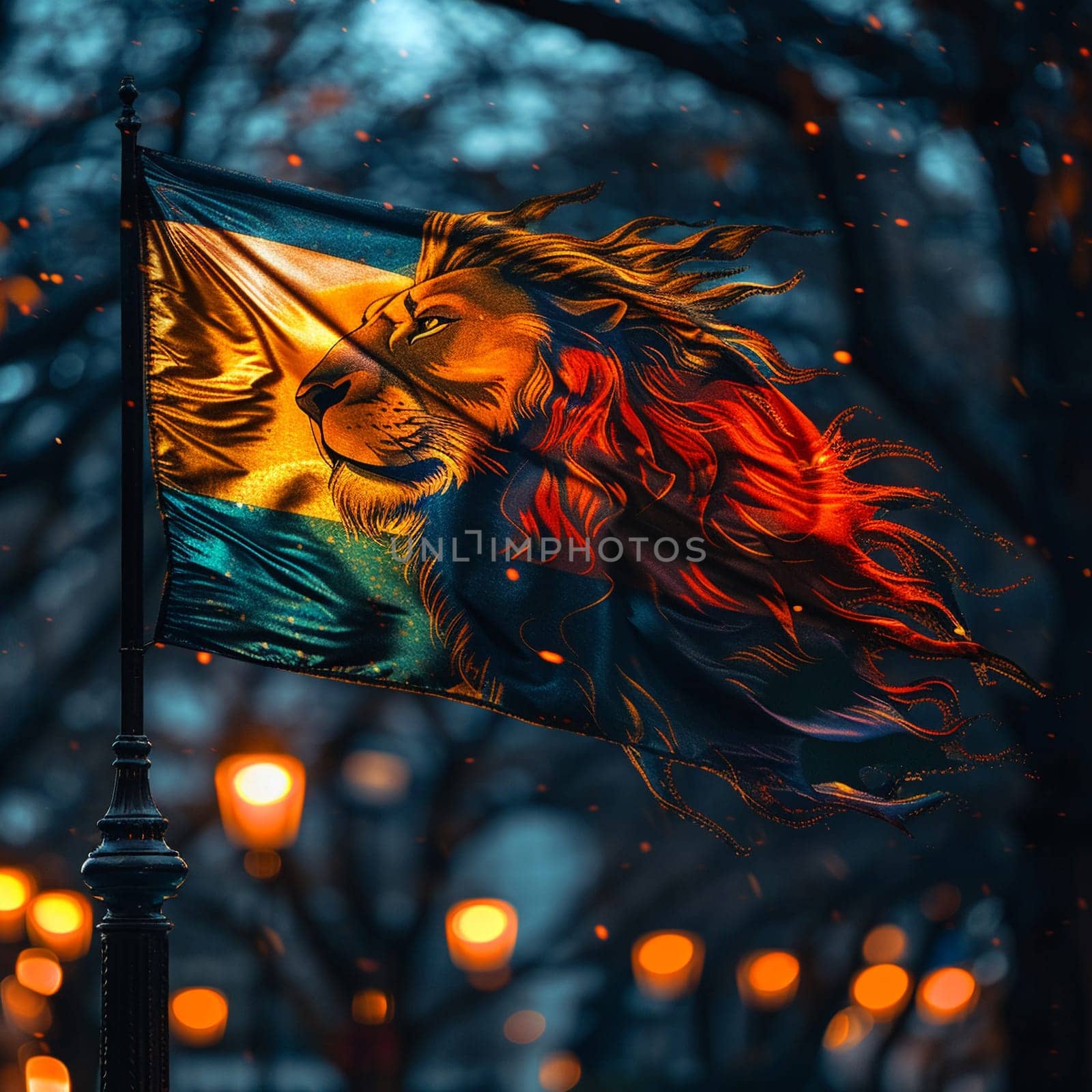 Rasta Lion of Judah Flag Fluttering in a Soft Breeze, The flag's colors blur, symbolizing the Rastafarian movement and Ethiopian roots.