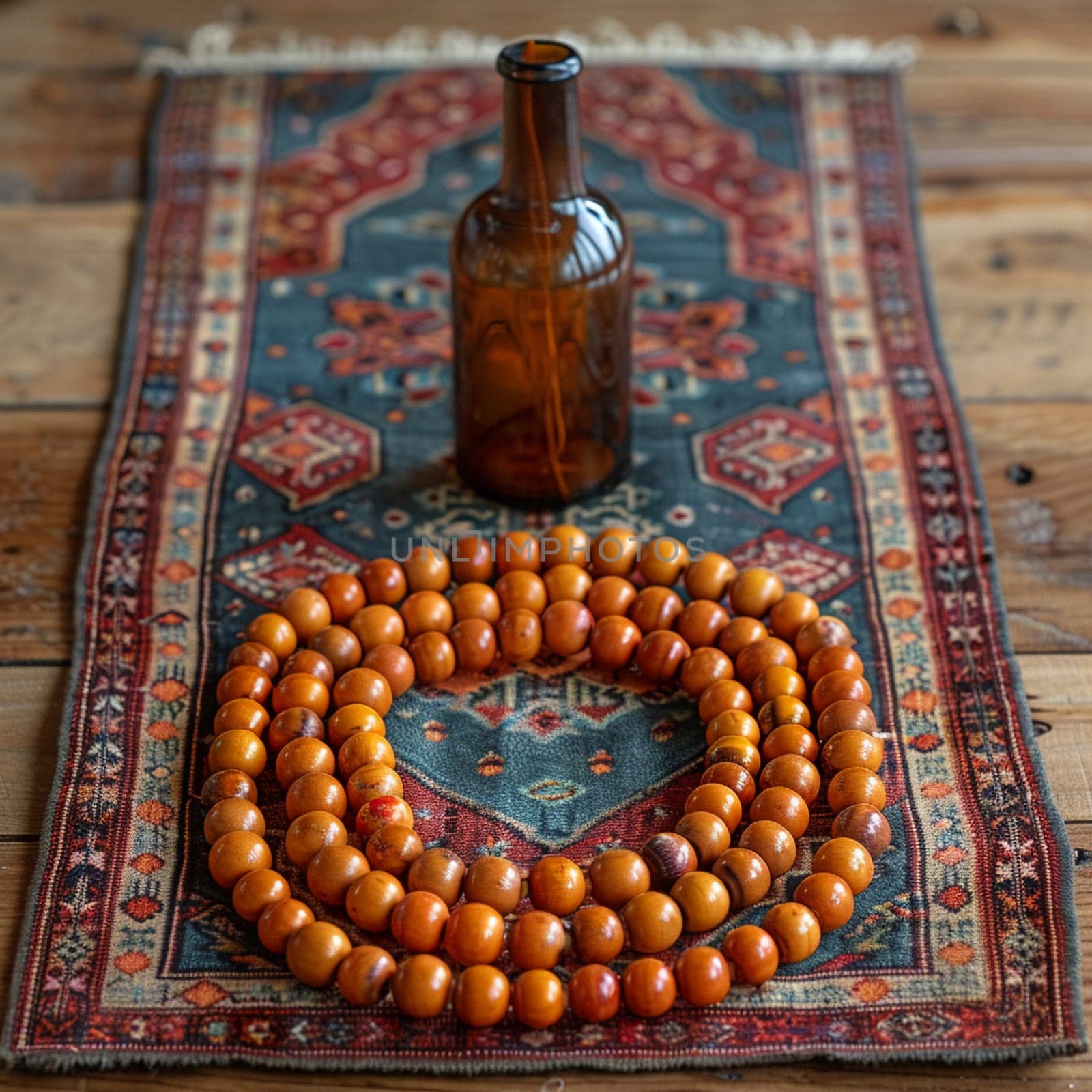 Muslim Prayer Beads Laid Gently on a Prayer Mat, The beads' outline softens, signifying devotion and the recitation of prayers.