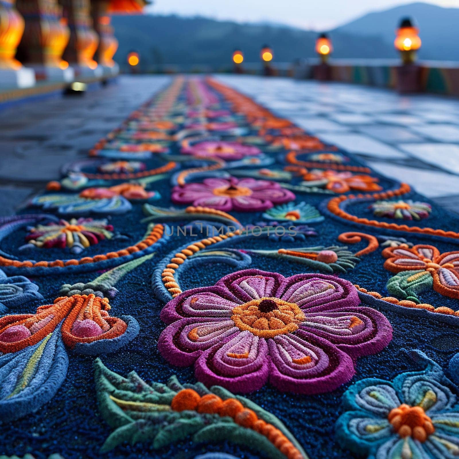 Colorful Hindu Festival Rangoli Blurring into Artistic Devotion, The intricate patterns spread into a vibrant display of culture and prayer.