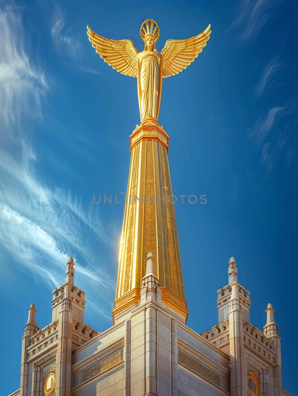 Mormon Angel Moroni Statue Trumpeting atop a Temple, The figure blends with the sky, a herald of faith and the Latter-Day Saints.