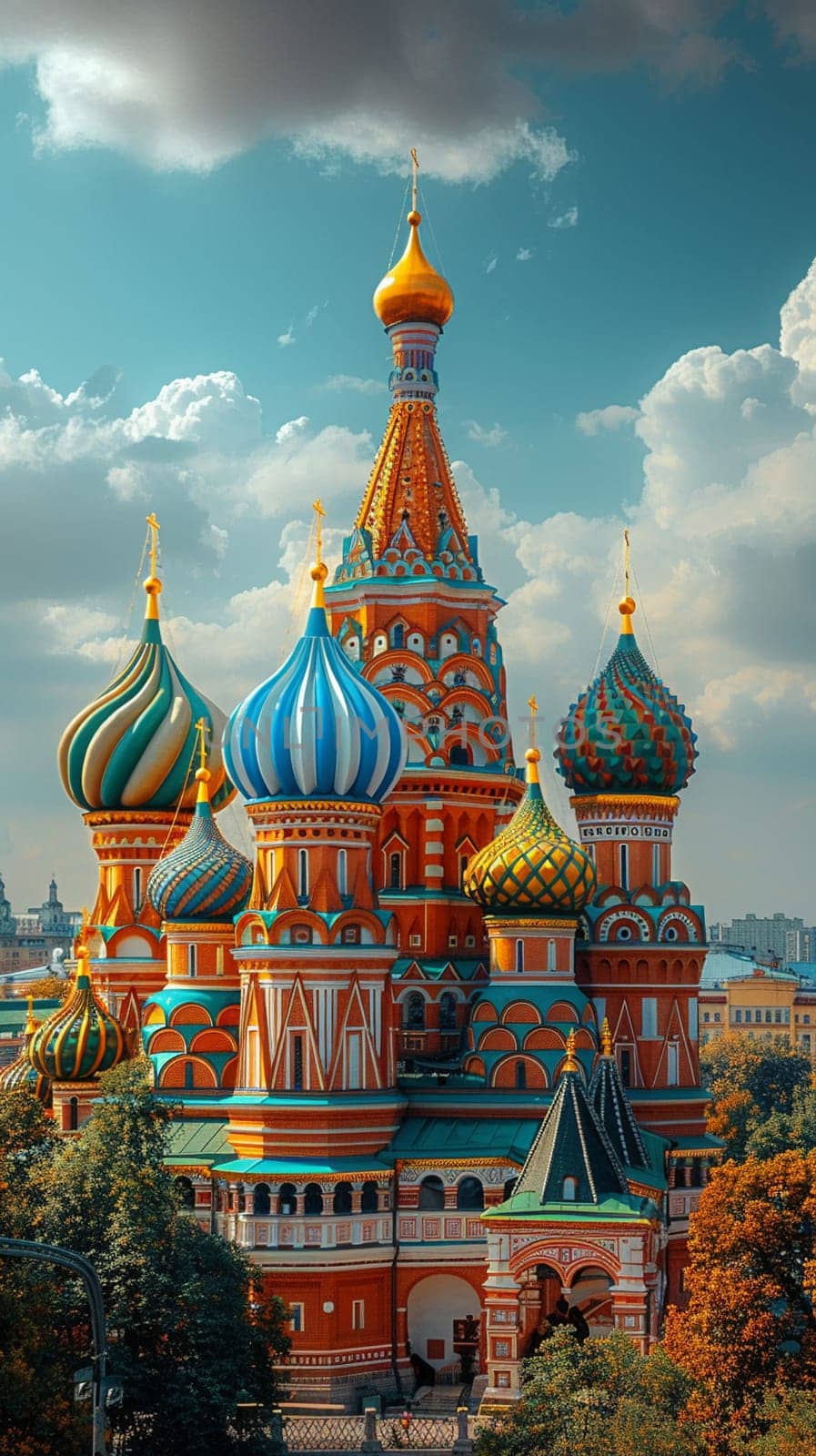 Orthodox Russian Onion Domes Against a Blurred Sky, The domes meld with the clouds, iconic of Russia's religious architecture and faith.