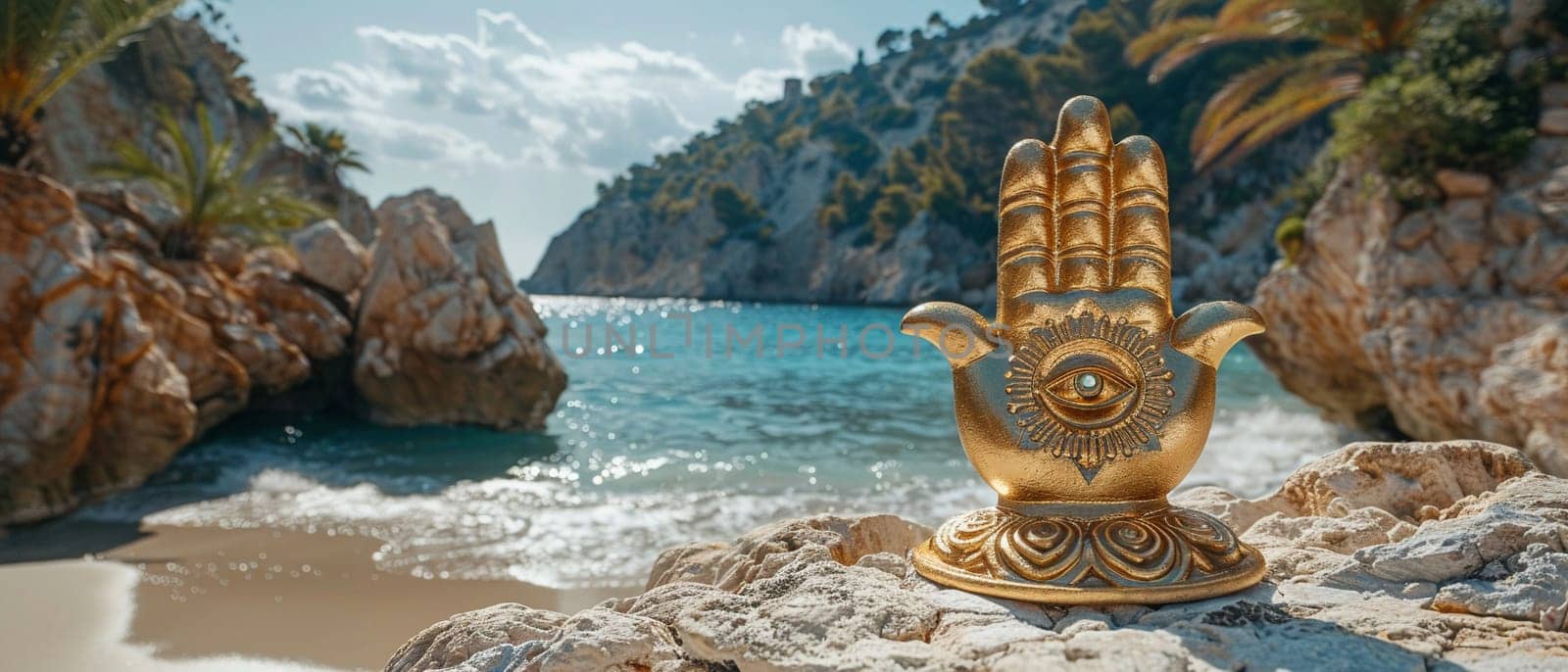 Hamsa Hand Amulets Overlooking a Mediterranean Seascape, The protective symbols blur with the sea, guarding against the evil eye.