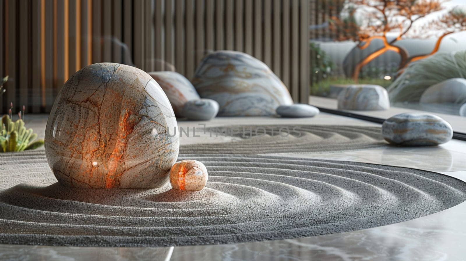 Tranquil Zen Garden Raked into Patterns of Harmony, The soft lines in sand suggest mindfulness and the pursuit of spiritual balance.