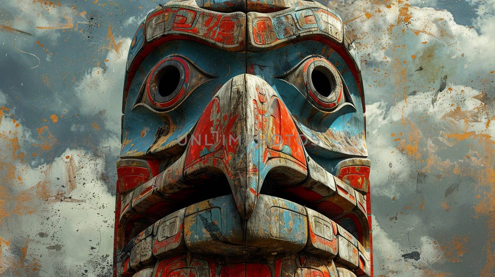 Native American Totem Pole Telling Stories in Faded Colors The historical narrative merges with the sky by Benzoix