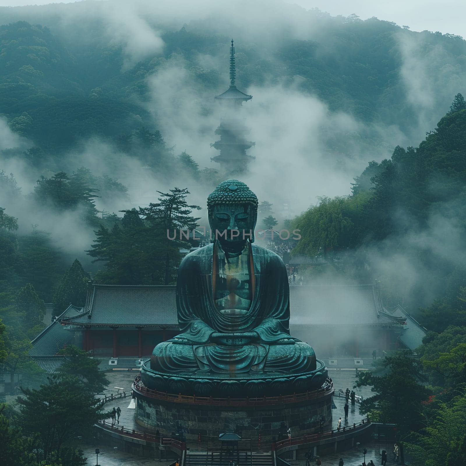 Giant Buddha Statue Overlooking a Misty Landscape, The majestic figure merges with the fog, a sentinel of peace and enlightenment.