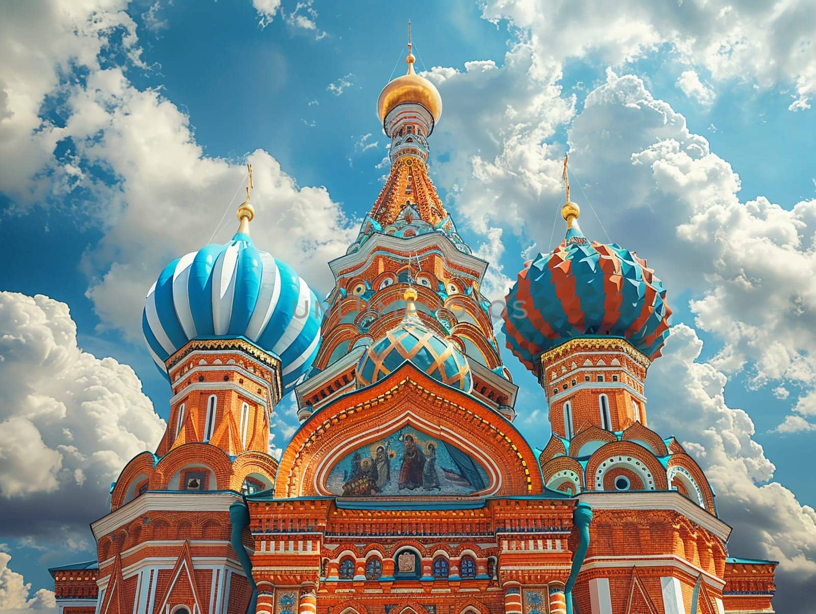 Orthodox Russian Onion Domes Against a Blurred Sky, The domes meld with the clouds, iconic of Russia's religious architecture and faith.
