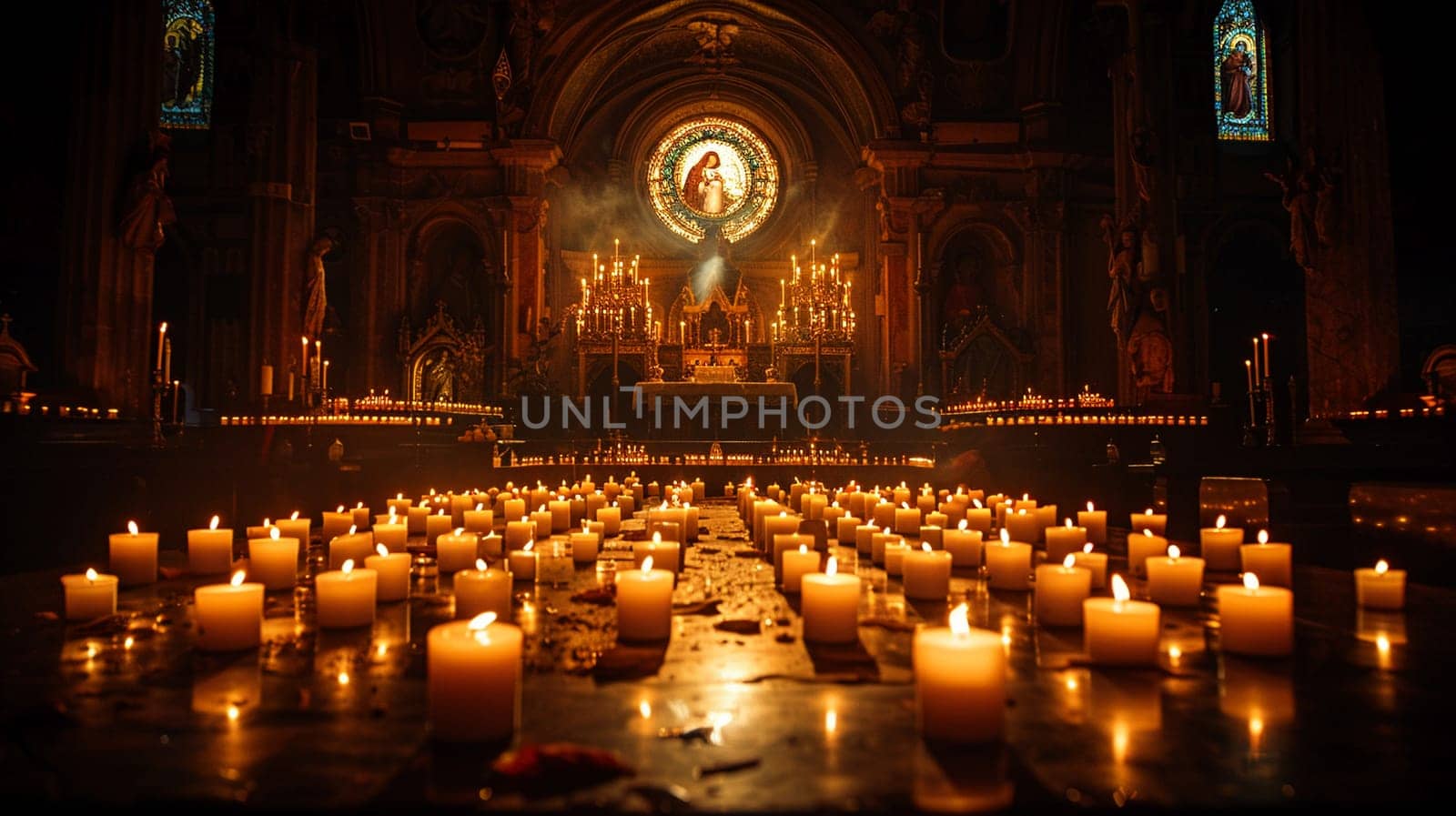 Glowing Candles in a Darkened Sanctuary Signifying Light and Guidance, The soft light blurs into a symbol of warmth and divine presence.