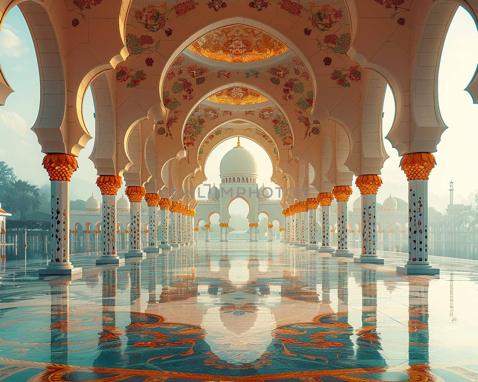 Islamic Architecture with Domes and Arches in Soft Focus, The contours blur into a skyline, symbolizing the beauty and intricacy of Islamic design.