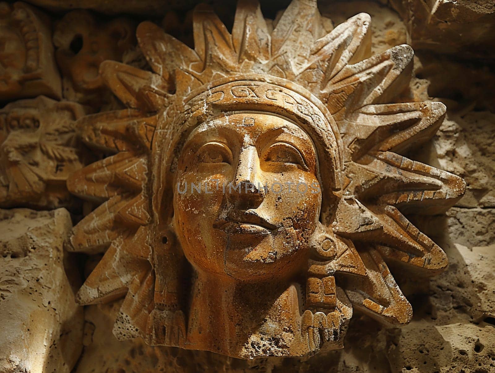 Sun God Inti Carvings Bathed in Golden Light The deitys image blends with the stone by Benzoix