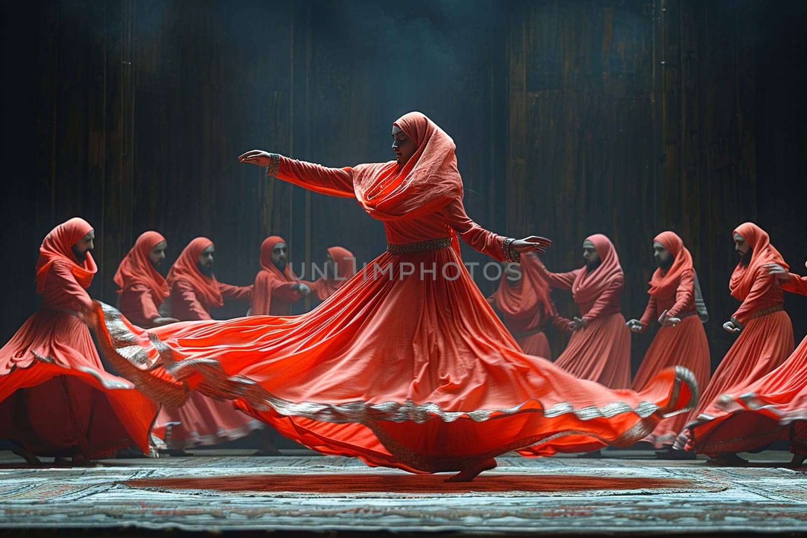 Sufi Whirling Dervish Skirts in Gentle Rotation, The skirts' motion blurs, capturing the spiritual ecstasy and devotion of the dance.