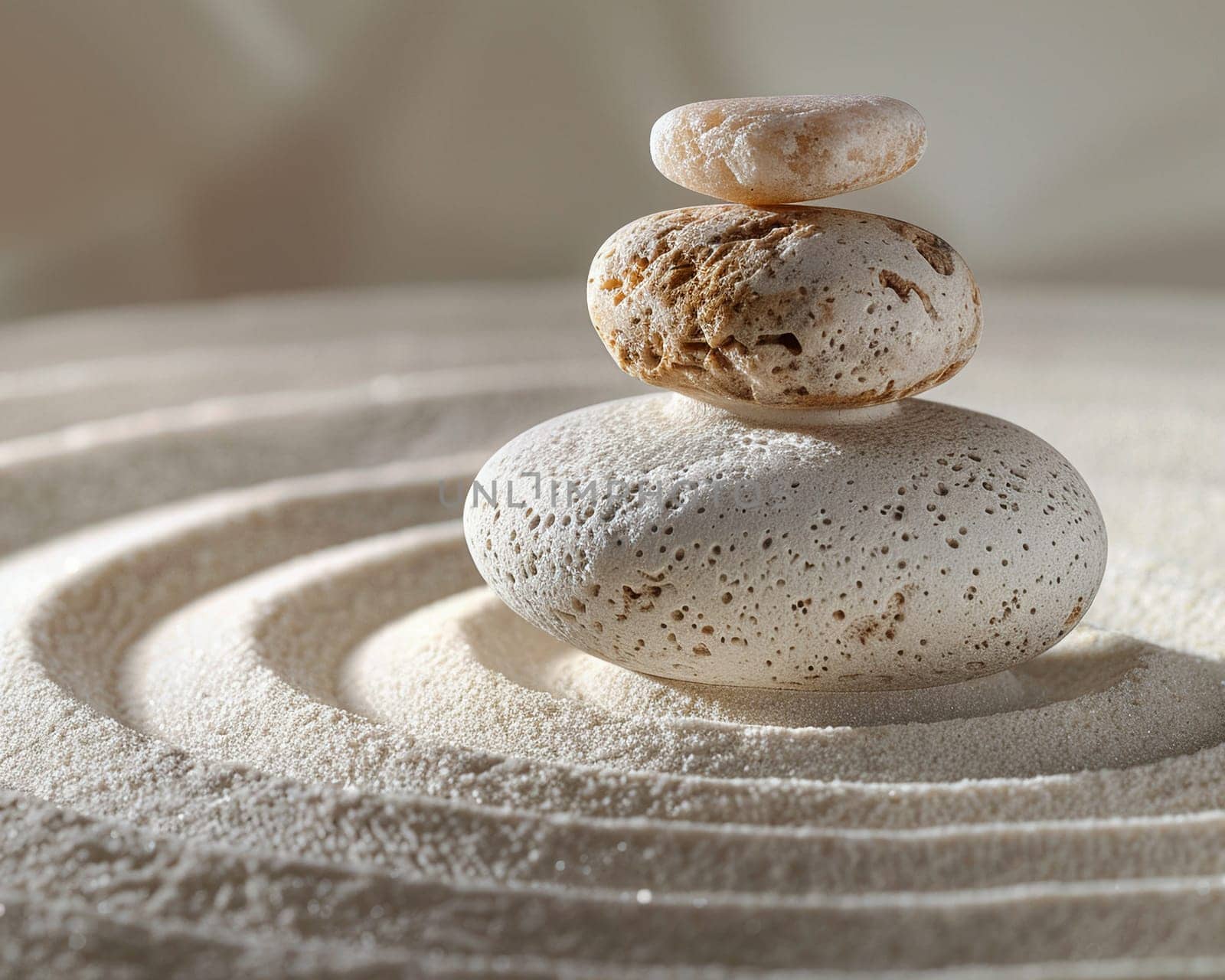 Tranquil Zen Garden Raked into Patterns of Harmony, The soft lines in sand suggest mindfulness and the pursuit of spiritual balance.