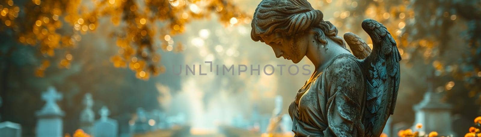 Angel Statue Silently Guarding a Timeless Cemetery The statues outline blurs with the trees by Benzoix