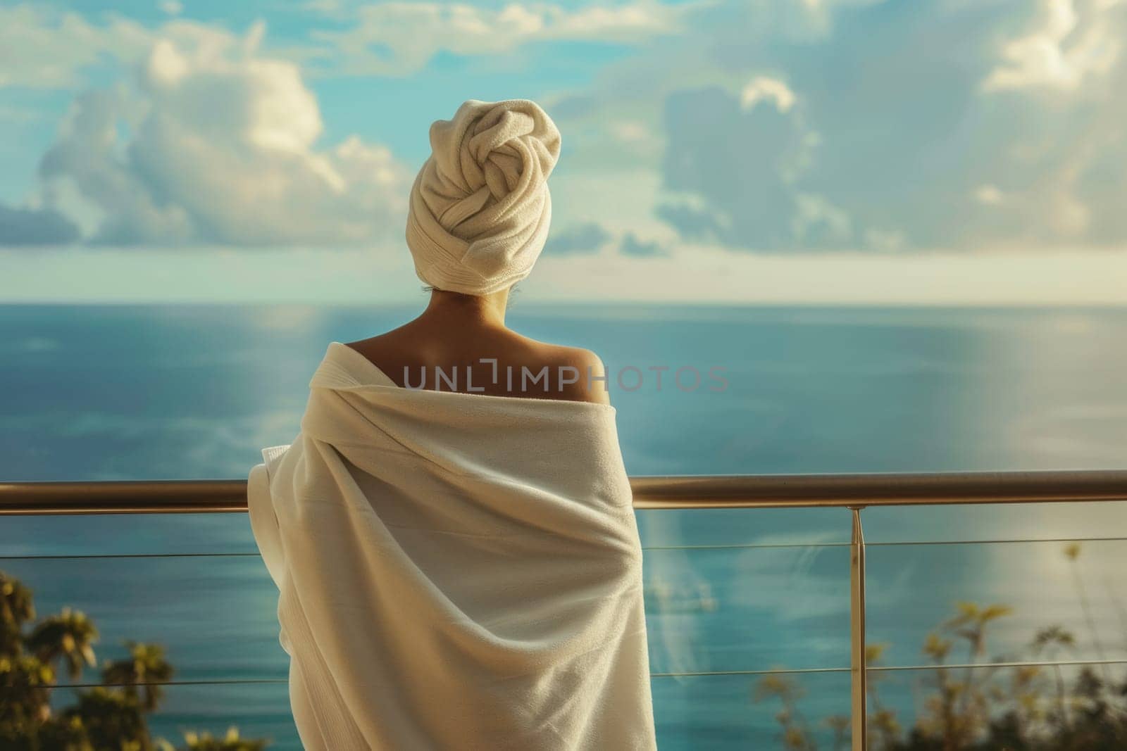 The back view of an individual in a towel, peacefully observing the sunset from a ship's deck, evokes a sense of calm and reflection