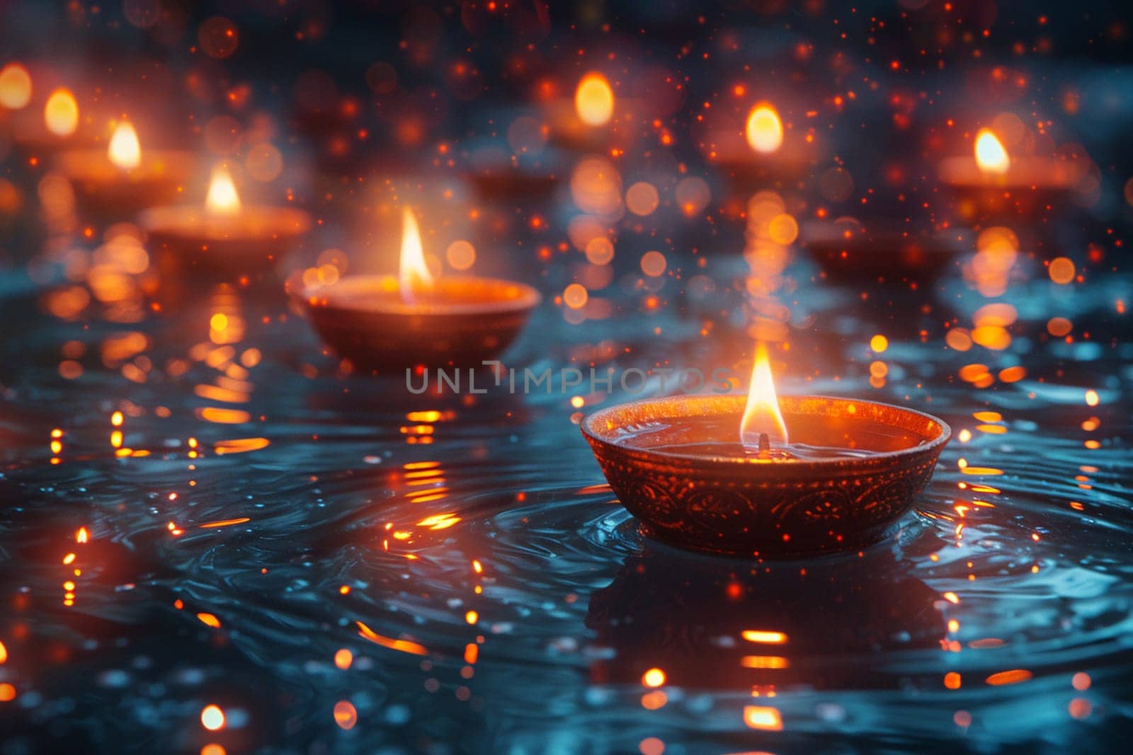Hindu Diya Lamps Casting Soft Glows for Diwali, The lights blur together, celebrating the victory of light over darkness.