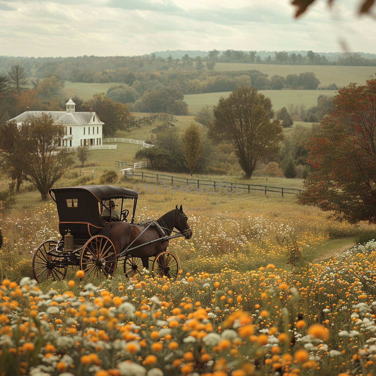 Amish Horse and Buggy Blending into a Rural Landscape, The simple life blurs into the fields, a dedication to community and tradition.