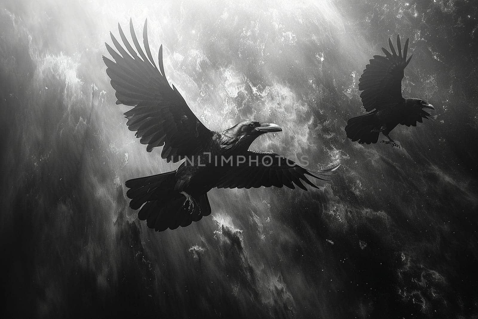 Norse God Odin's Ravens in Flight, Their shapes blending into the sky, messengers of wisdom and war.