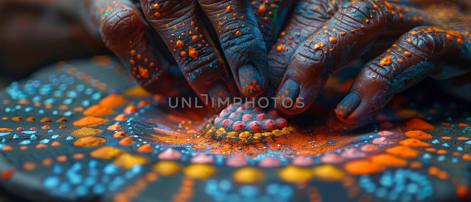 Mandala Sand Painting Being Created with Soft Edges, The colors and shapes spread, capturing the impermanence and beauty of spiritual art.