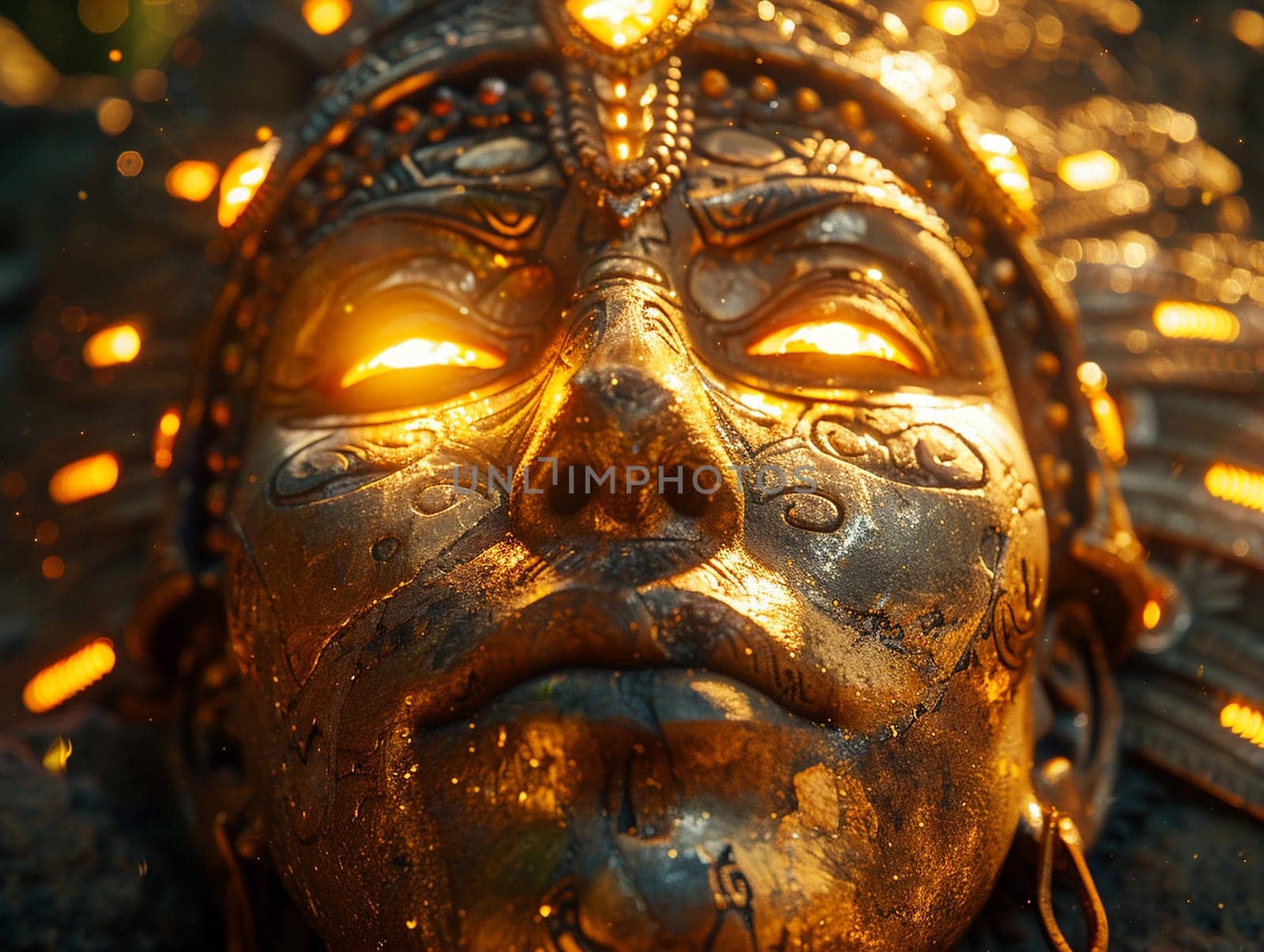 Sun God Inti Carvings Bathed in Golden Light, The deity's image blends with the stone, a testament to ancient reverence and power.