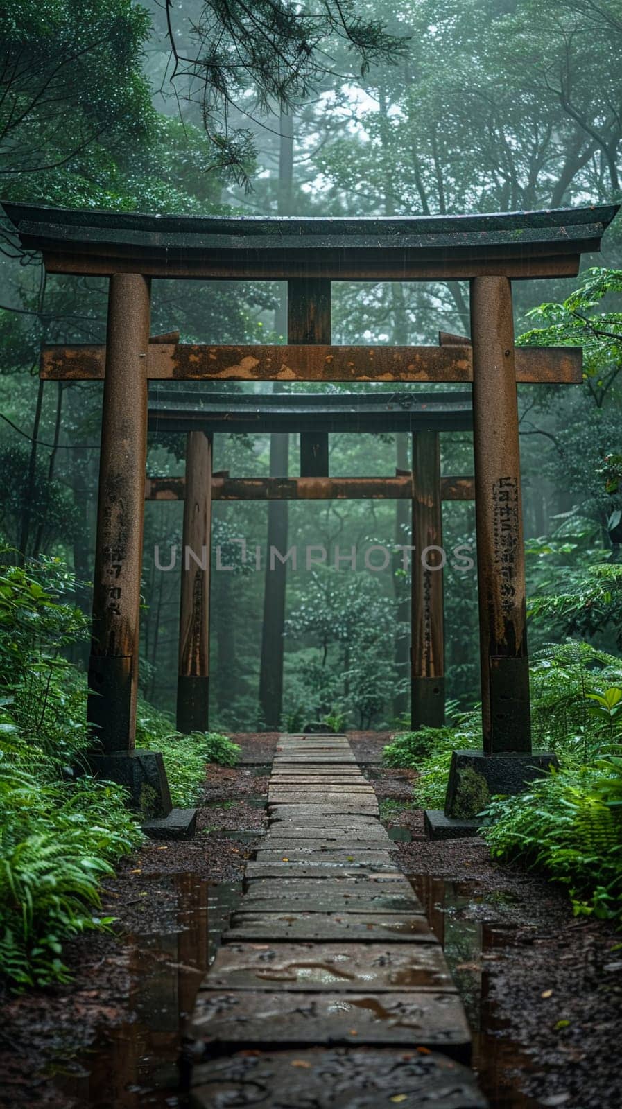 Shinto Shrine Torii Gate Framing a Peaceful Forest The traditional structure blends with nature by Benzoix