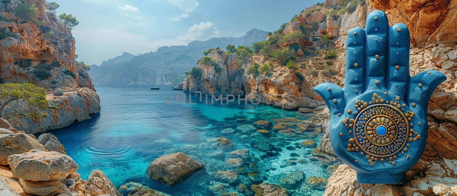 Hamsa Hand Amulets Overlooking a Mediterranean Seascape The protective symbols blur with the sea by Benzoix