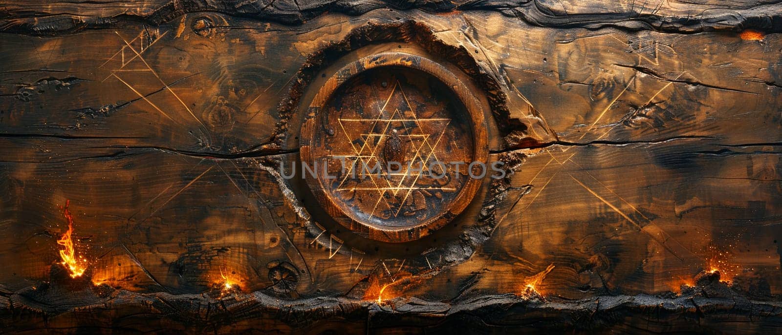 Kabbalistic Tree of Life Symbol Etched into Wood, The mystical diagram blurs into the material, a map of divine emanation and pathworking.
