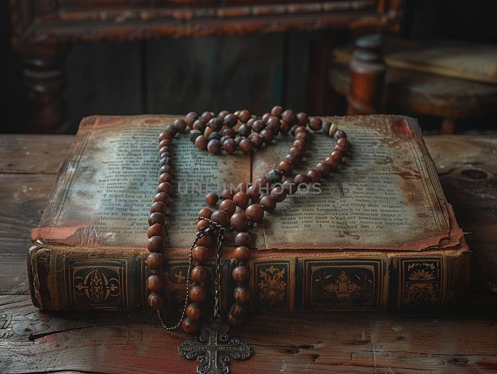 Rosary Beads Draped Over a Weathered Prayer Book The beads and text blur together by Benzoix