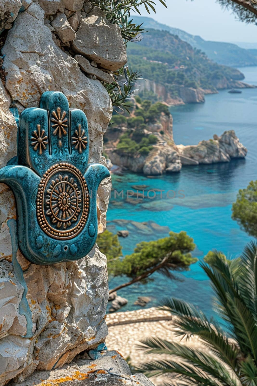 Hamsa Hand Amulets Overlooking a Mediterranean Seascape, The protective symbols blur with the sea, guarding against the evil eye.