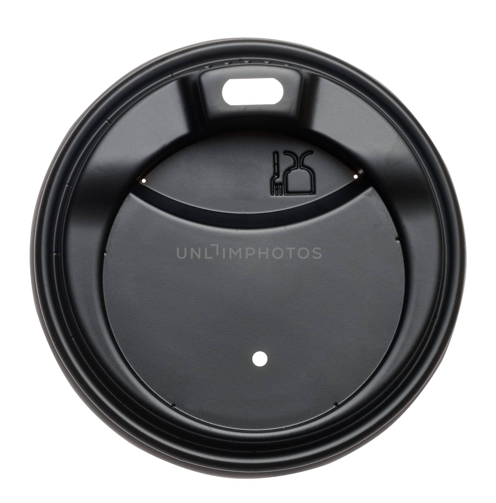 Black round plastic lid for paper cups, top view