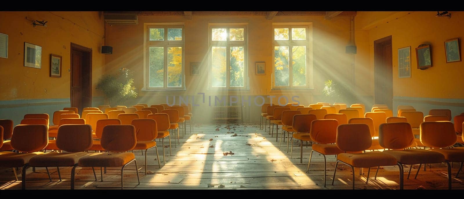 Quaker Simplicity in a Plain Meeting Room, The room's sparse furnishings blur into a space of peace and silent reflection.