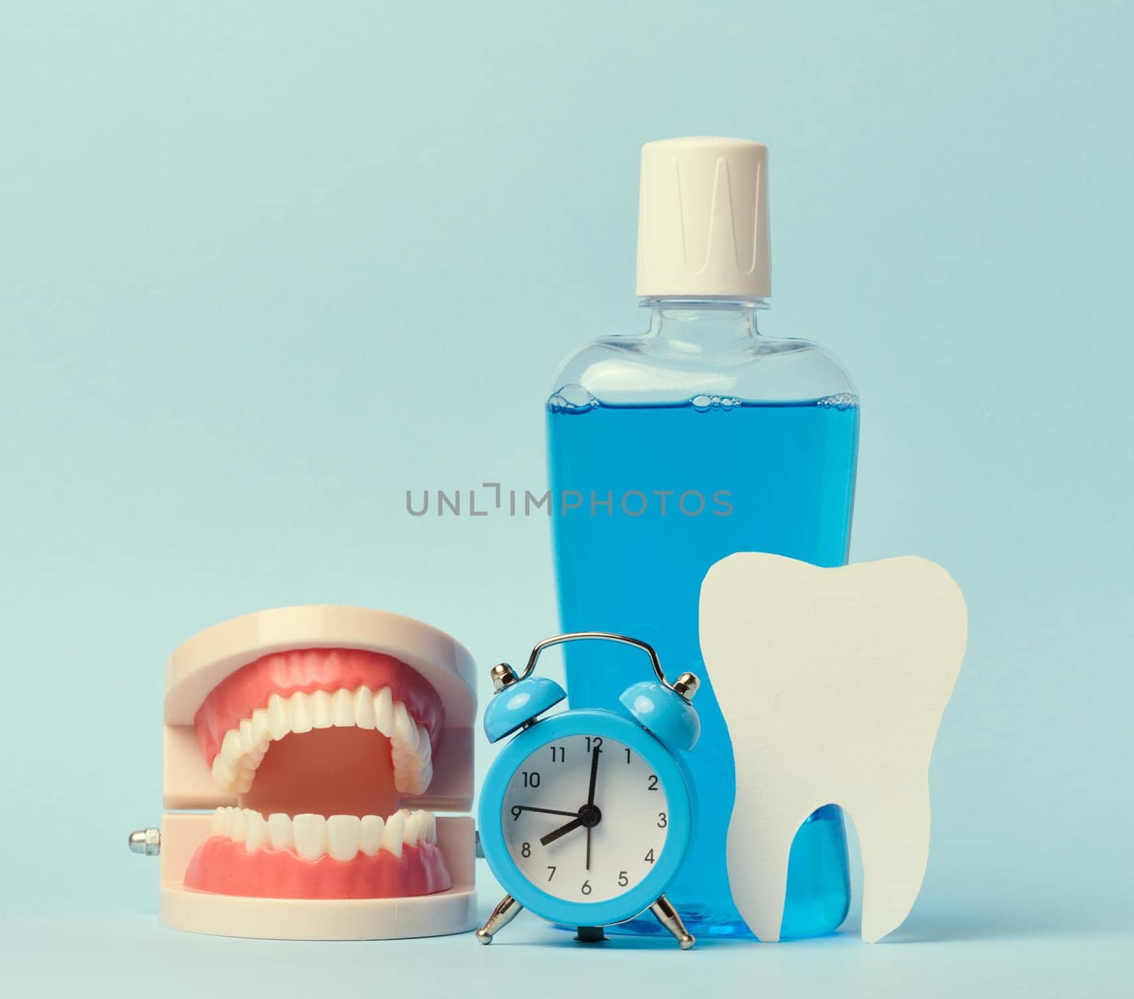 Human jaw model, mouthwash and alarm clock on blue background, oral hygiene by ndanko