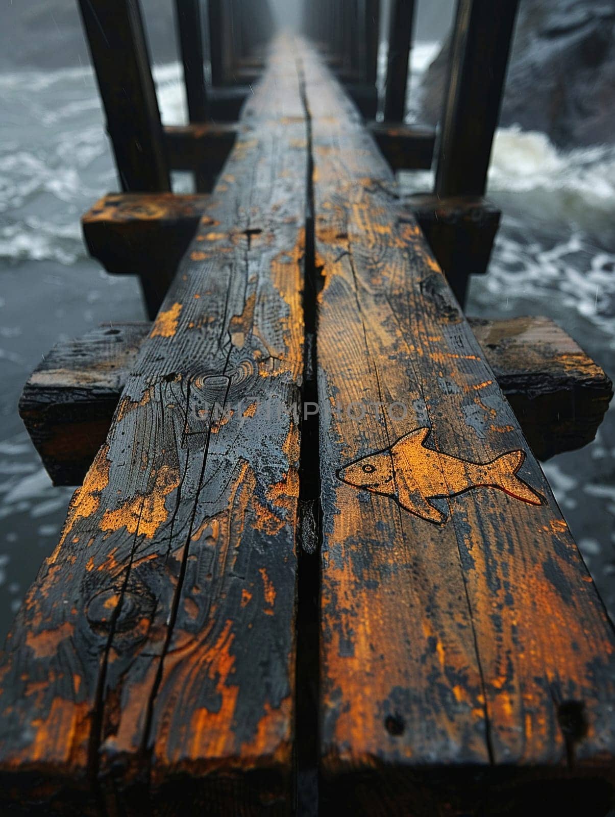 Christian Fish Symbol Etched onto a Weathered Pier, The simple outline blends into the wood, signifying faith and fellowship.