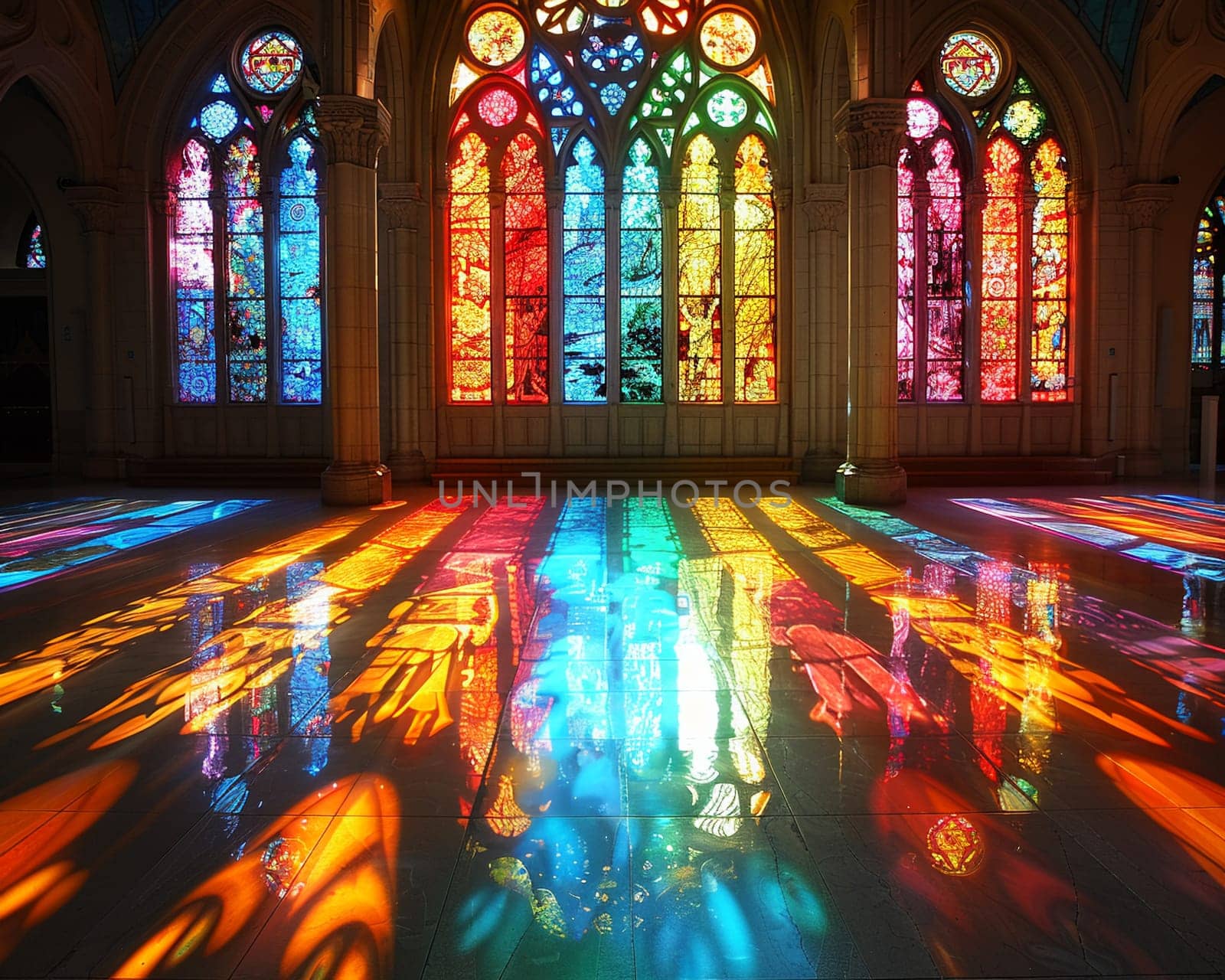 Stained Glass Window Casting Colored Light on a Church Floor The vibrant hues blend and blur by Benzoix