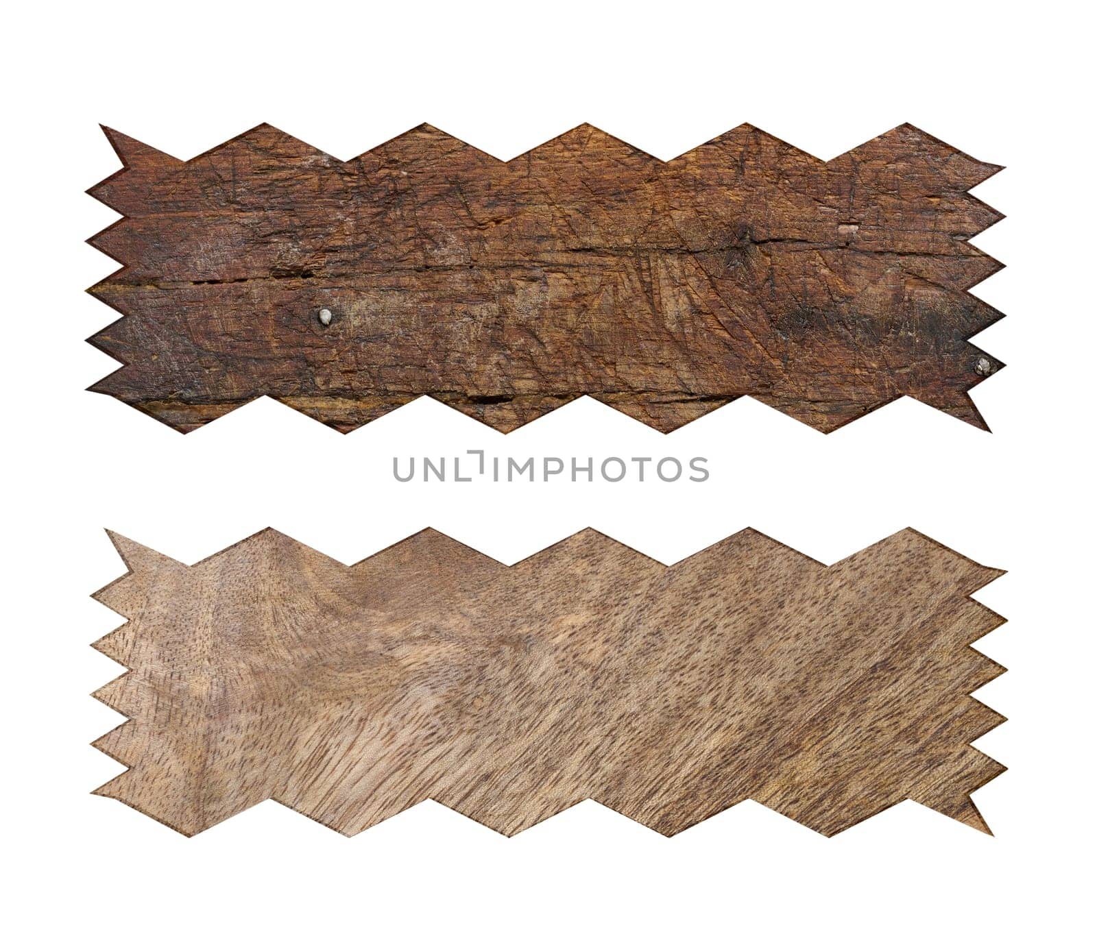 Wooden boards signs with jagged edges on an isolated background by ndanko