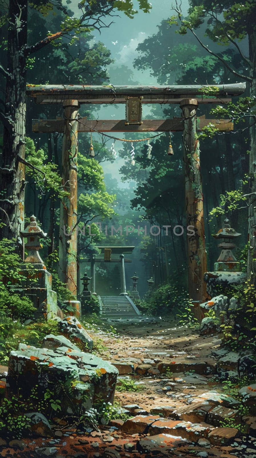 Shinto Shrine Torii Gate Framing a Peaceful Forest, The traditional structure blends with nature, signifying a sacred entrance.