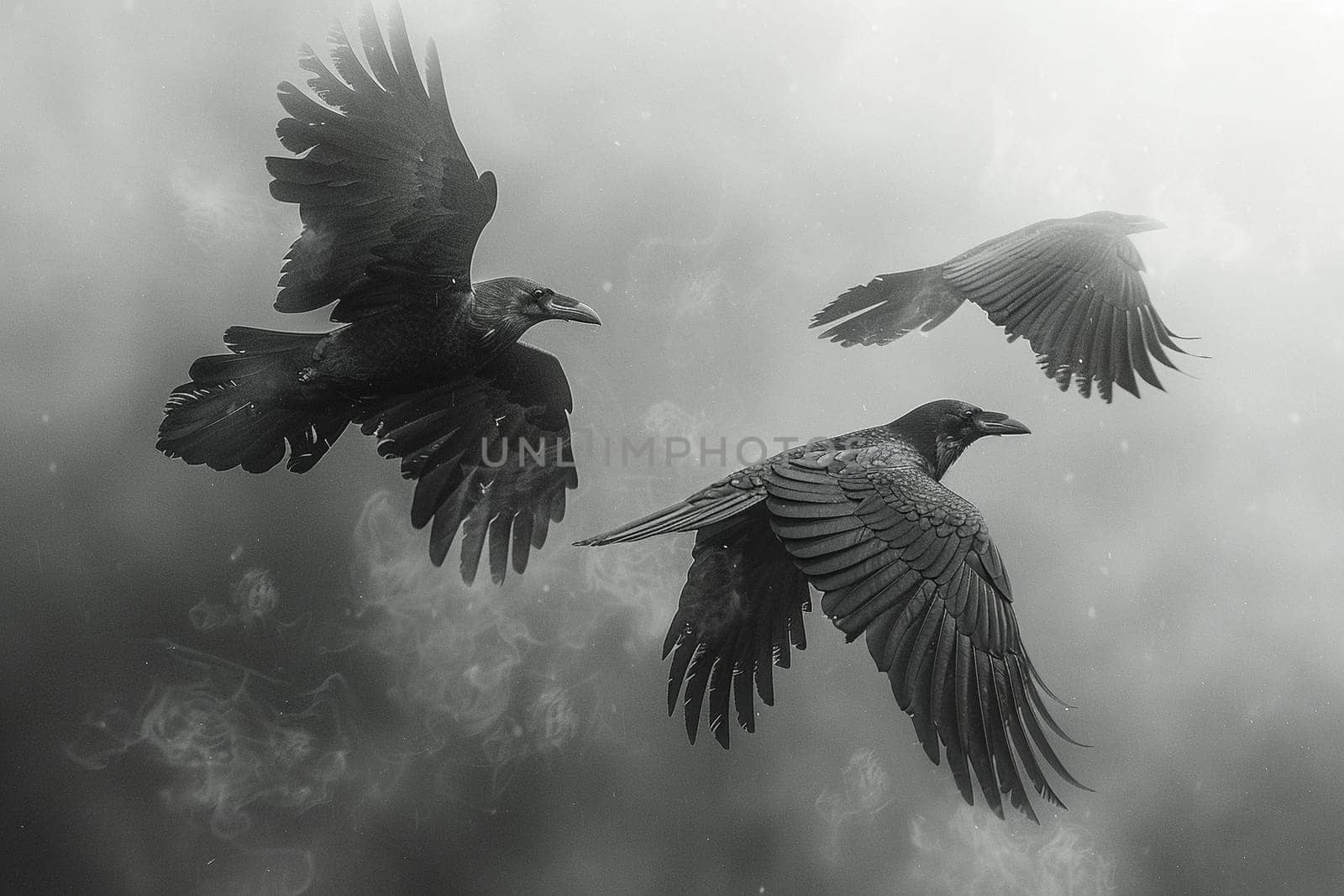 Norse God Odin's Ravens in Flight, Their shapes blending into the sky, messengers of wisdom and war.