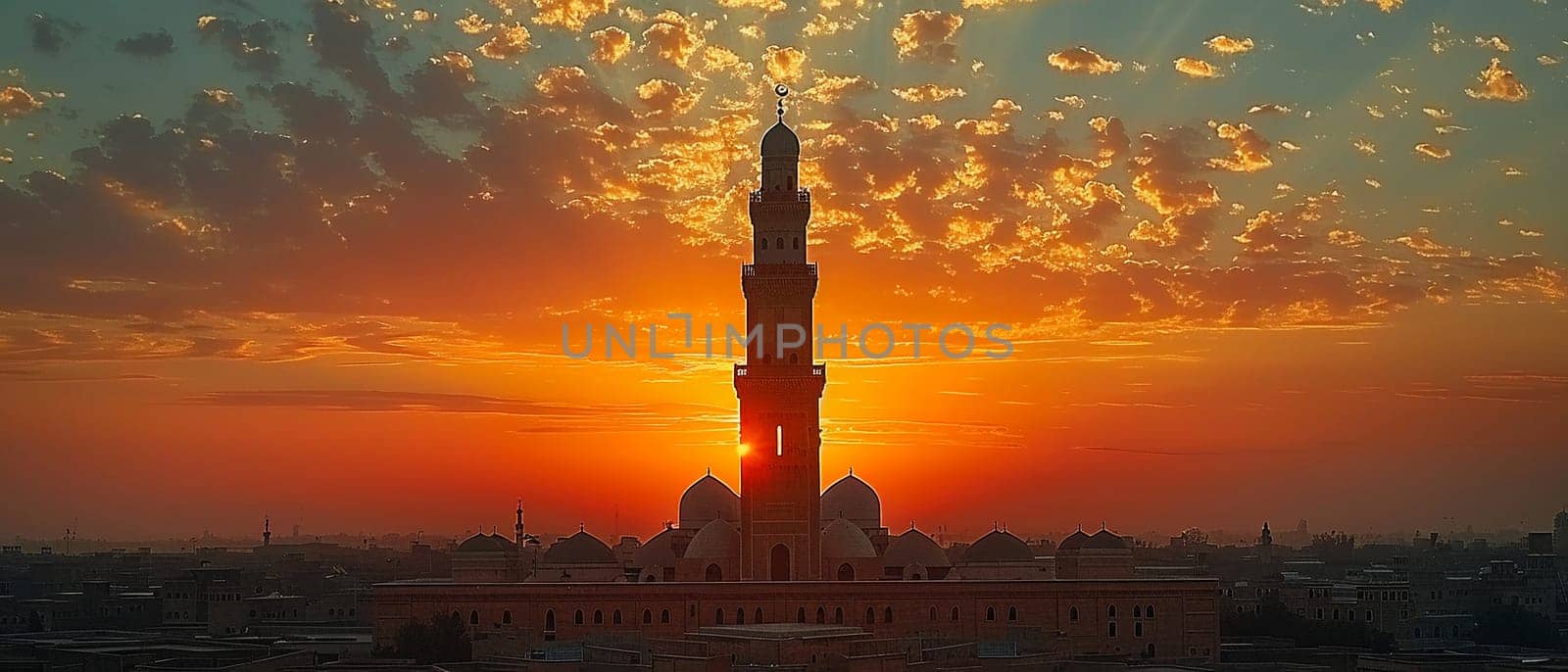 Islamic Minaret Towering Above a Historic City, The tower's silhouette merges with the sky, calling the faithful to prayer.