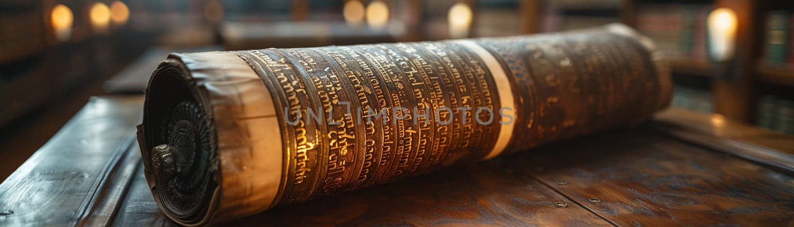 Torah Scrolls Safely Housed in a Softly Lit Ark, The sacred text blurs slightly, emphasizing the reverence and tradition it holds.