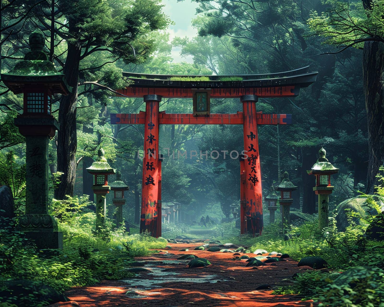 Shinto Shrine Torii Gate Framing a Peaceful Forest, The traditional structure blends with nature, signifying a sacred entrance.