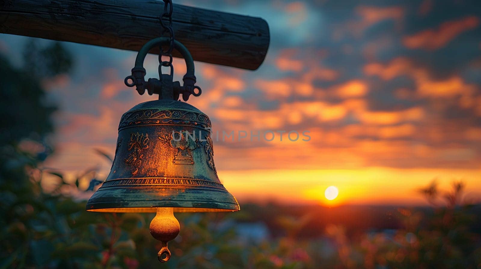 Brass Church Bell Silhouetted Against the Sunset The bell merges with the dusk by Benzoix