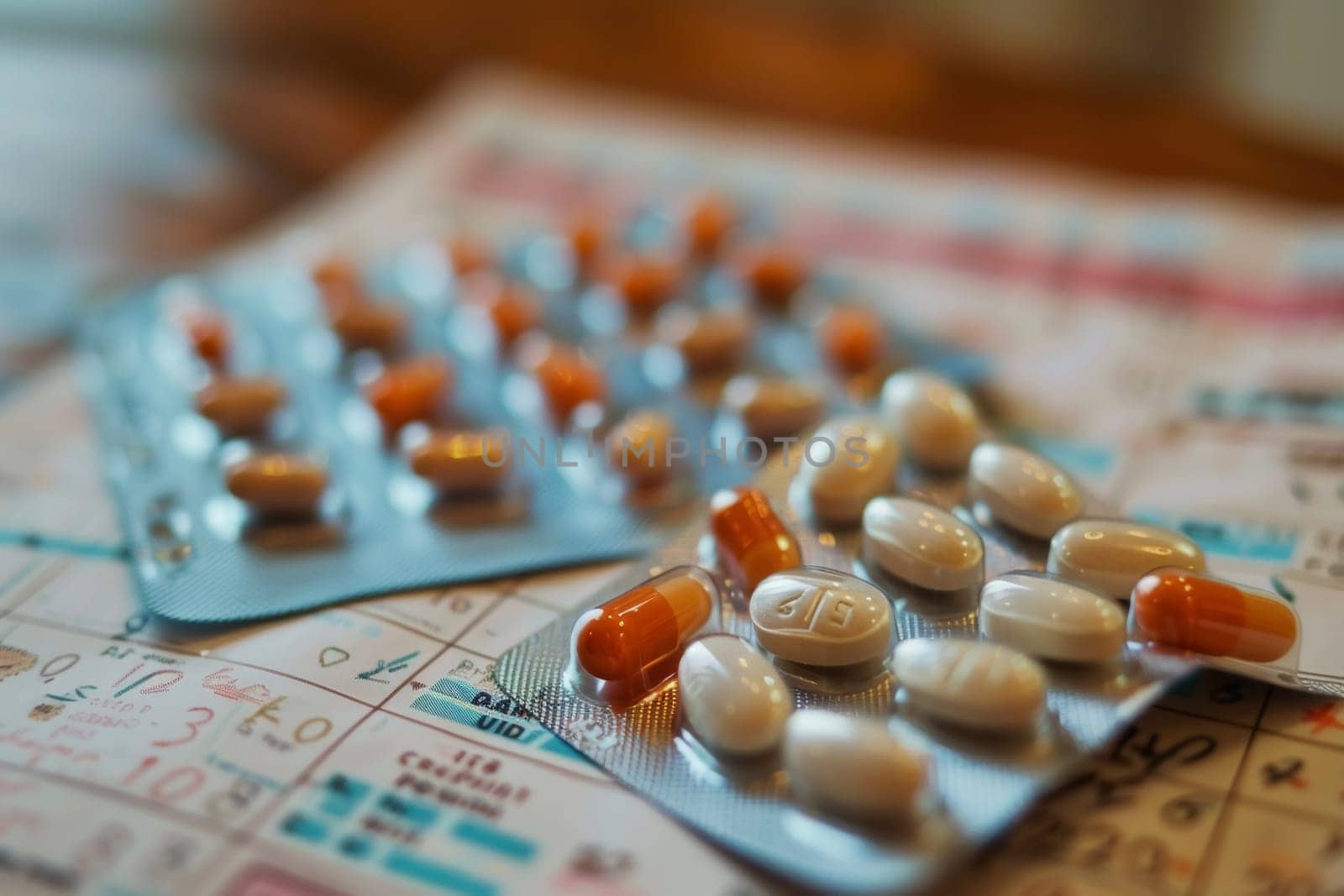Blister packs of pills organized beside a calendar, depicting the careful management of medication schedules for health treatment