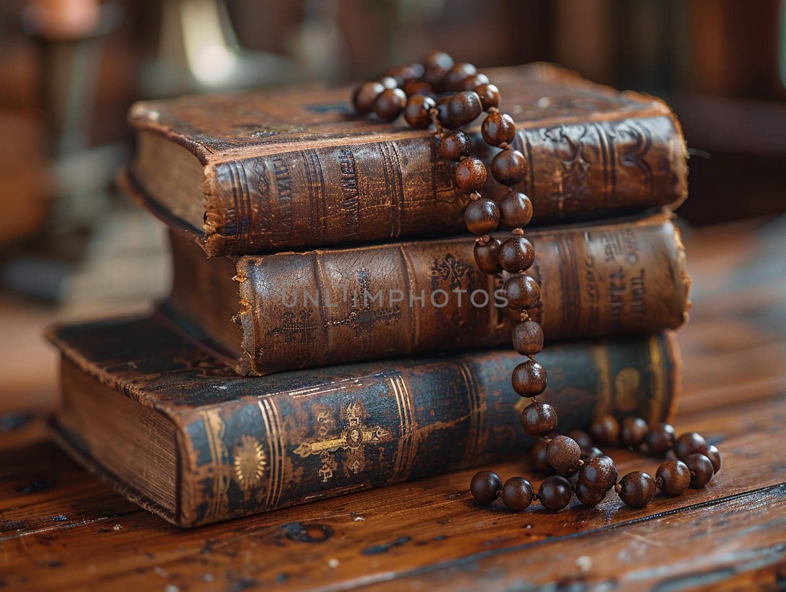 Rosary Beads Draped Over a Weathered Prayer Book The beads and text blur together by Benzoix