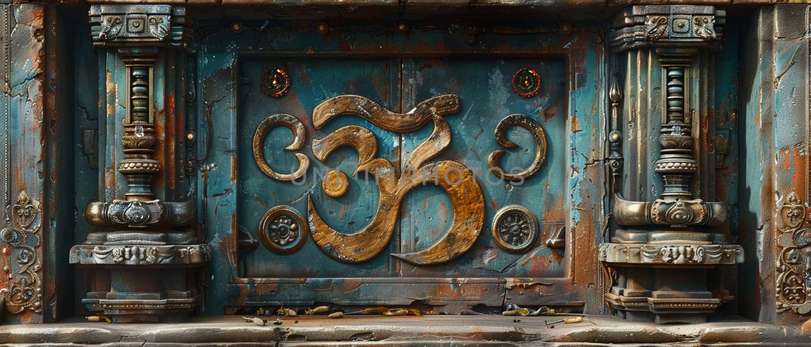 Hindu Om Symbol Adorning a Temple Entrance The sacred sounds representation blends into the structure by Benzoix