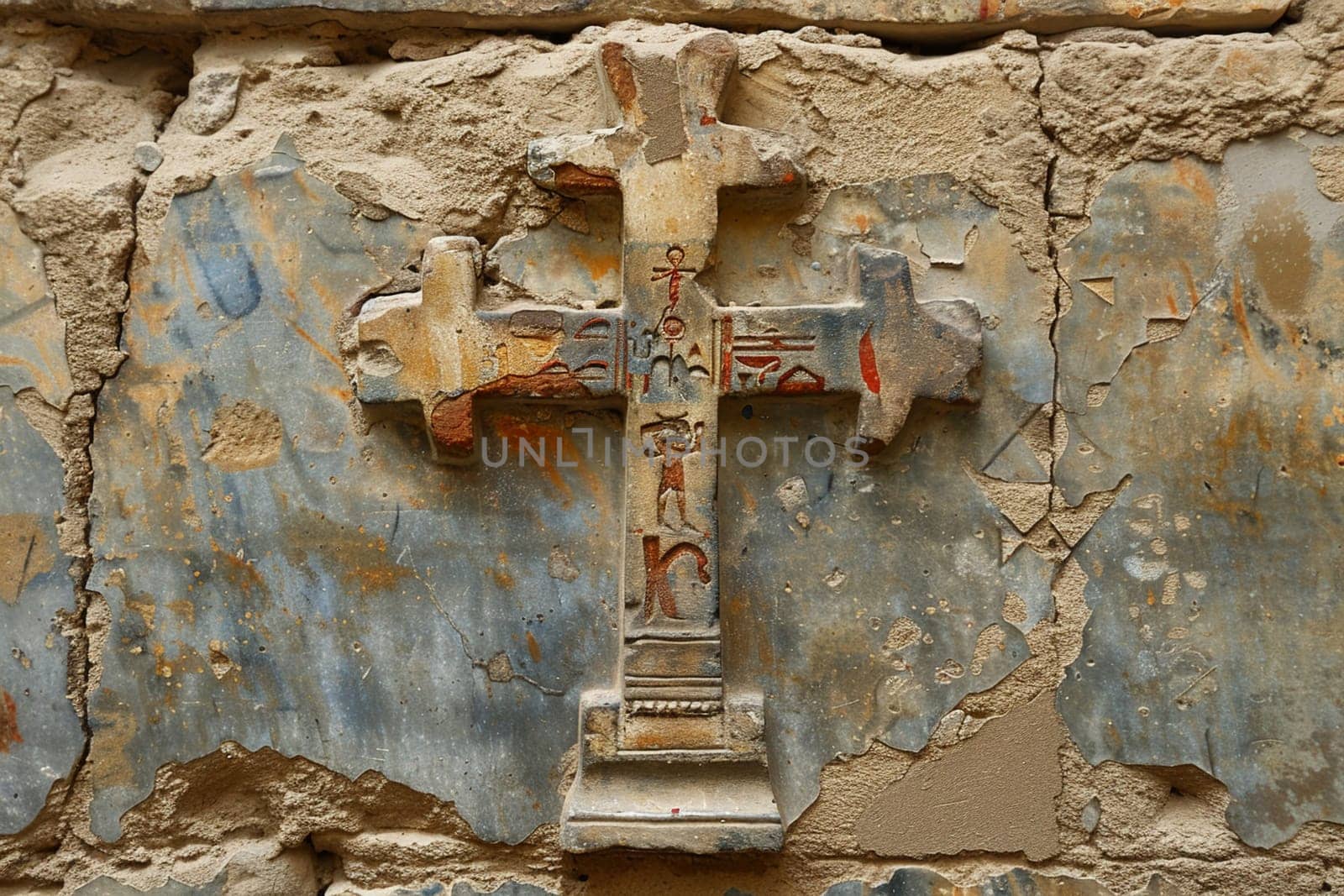 Coptic Christian Cross Engraved in an Ancient Church Wall, The cross merges with aged stone, a sign of resilience and history.