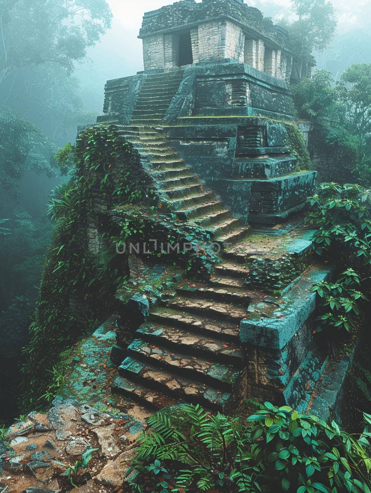 Mayan Pyramid Edges Blurring into a Jungle Canopy, The structure's silhouette merges with the foliage, a relic of Mesoamerican spirituality.