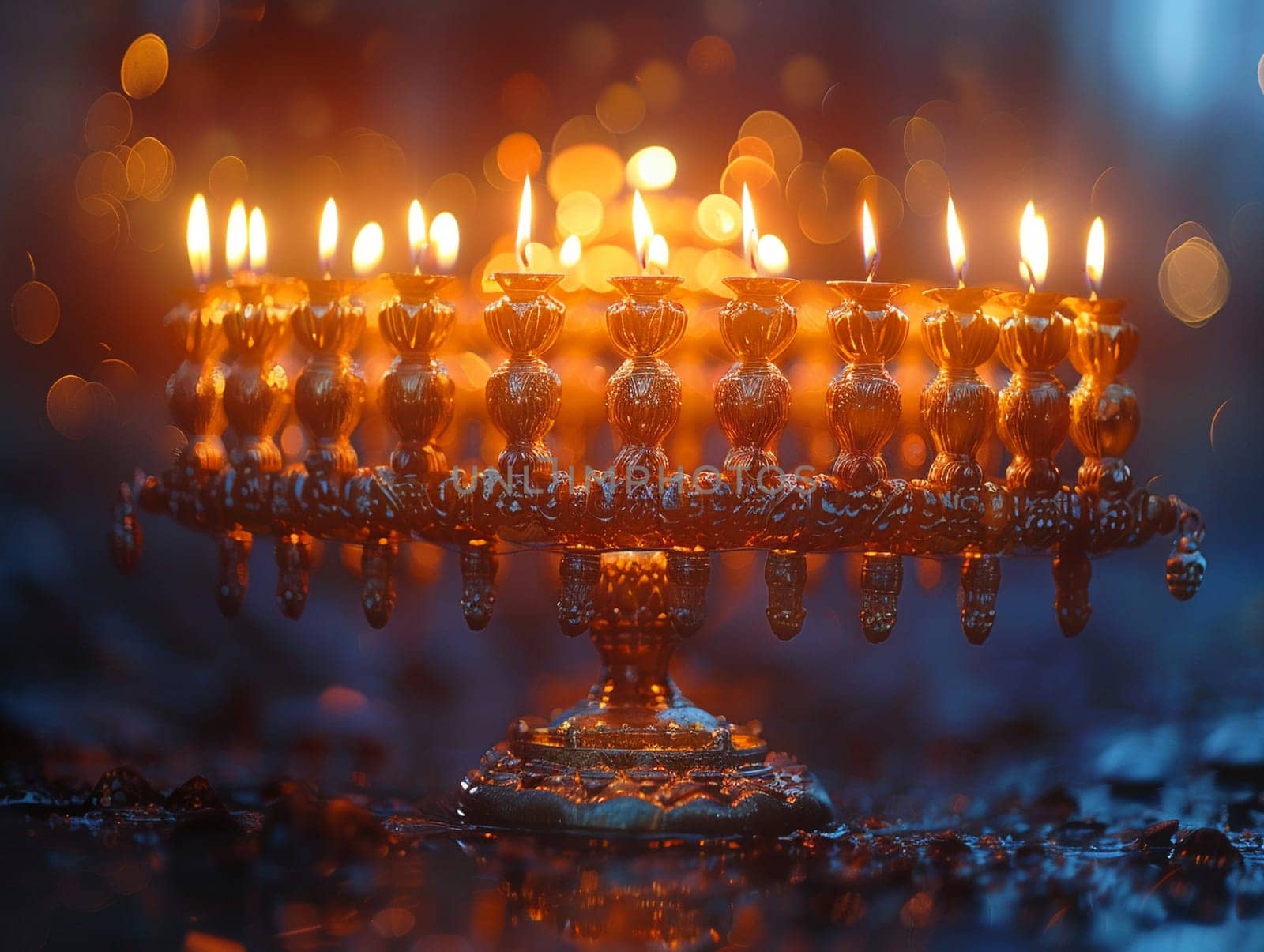 Jewish Menorah with Flickering Flames of Remembrance, The soft light of the candles blurs, symbolizing ancient traditions and perseverance.