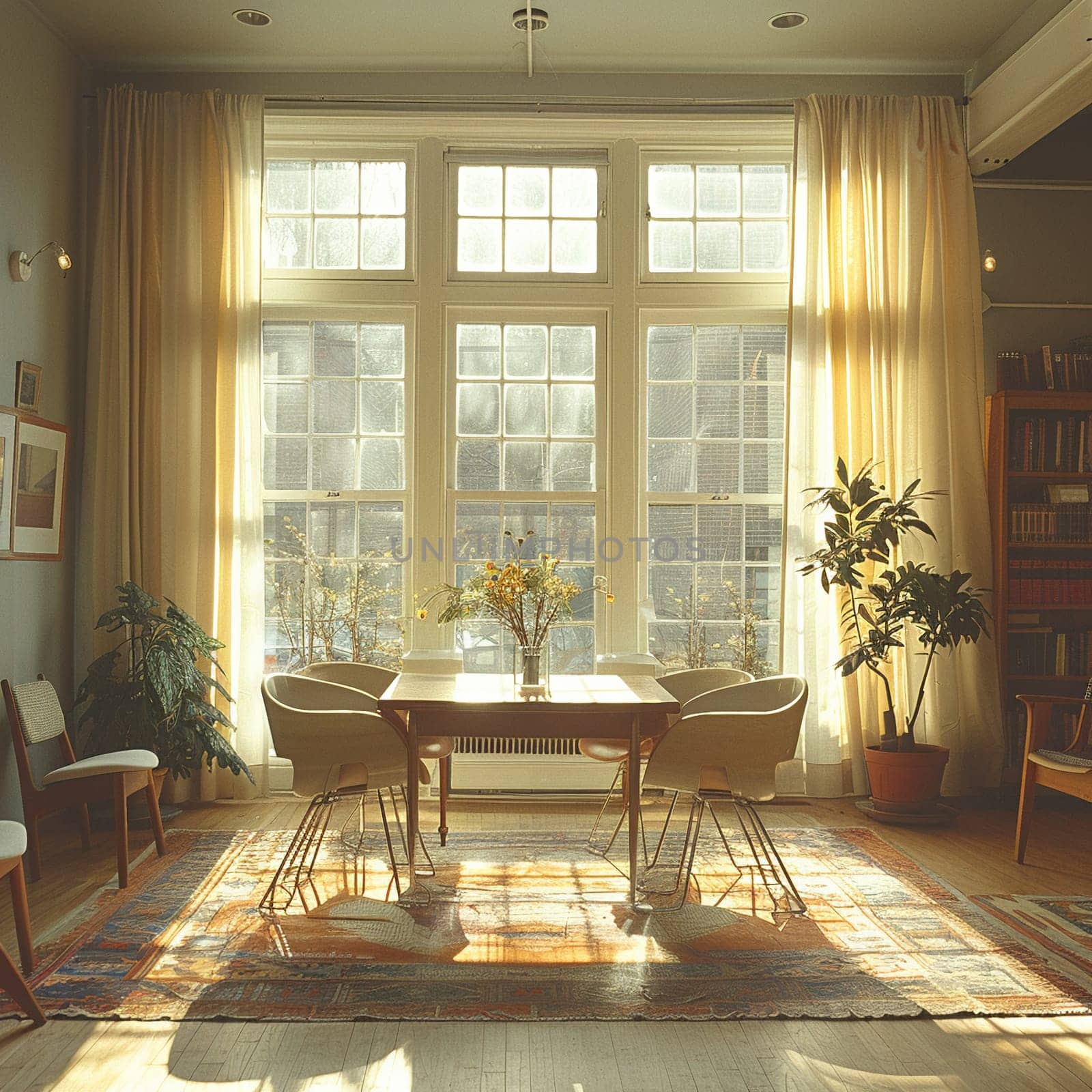 Quaker Simplicity in a Plain Meeting Room, The room's sparse furnishings blur into a space of peace and silent reflection.