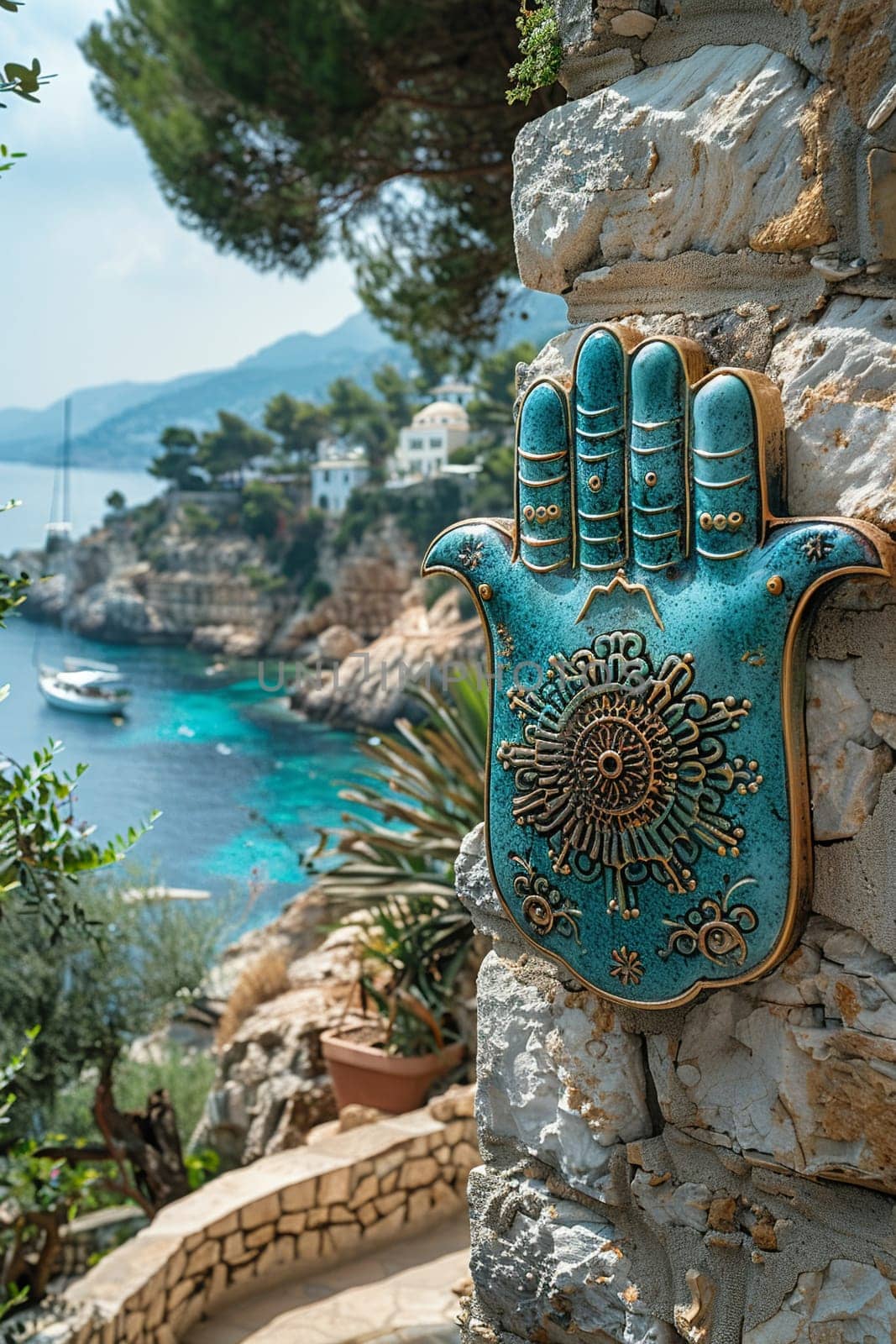 Hamsa Hand Amulets Overlooking a Mediterranean Seascape, The protective symbols blur with the sea, guarding against the evil eye.