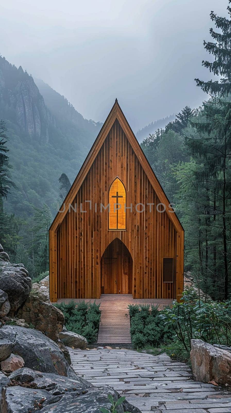 Rustic Wooden Chapel Nestled in Serene Nature, The outline of the humble structure merges with the tranquility of its surroundings.