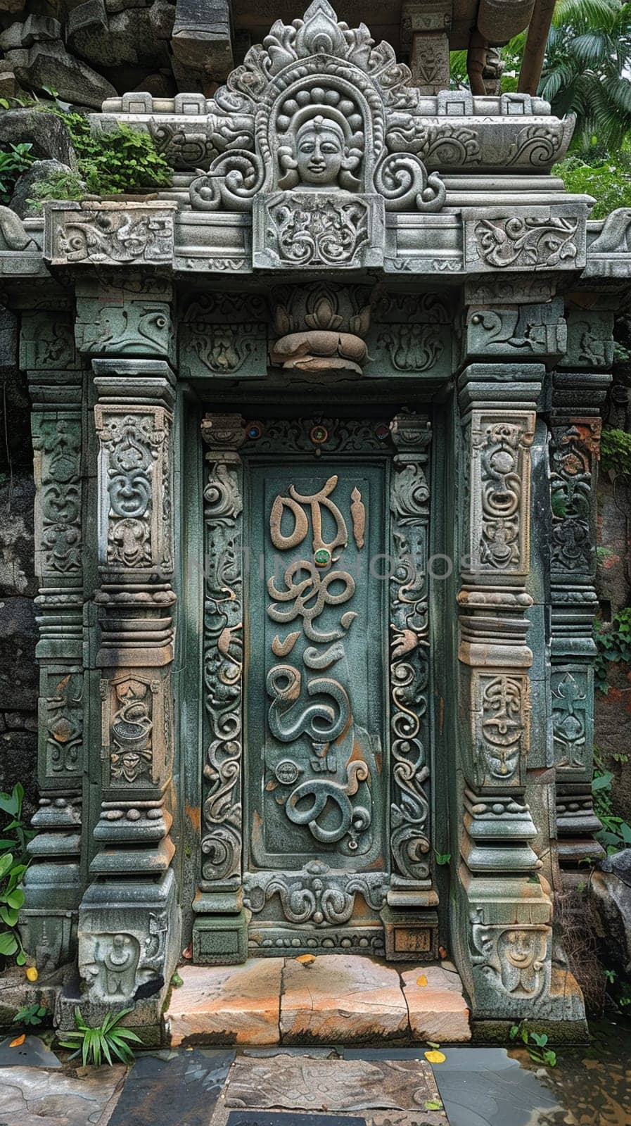 Hindu Om Symbol Adorning a Temple Entrance The sacred sounds representation blends into the structure by Benzoix