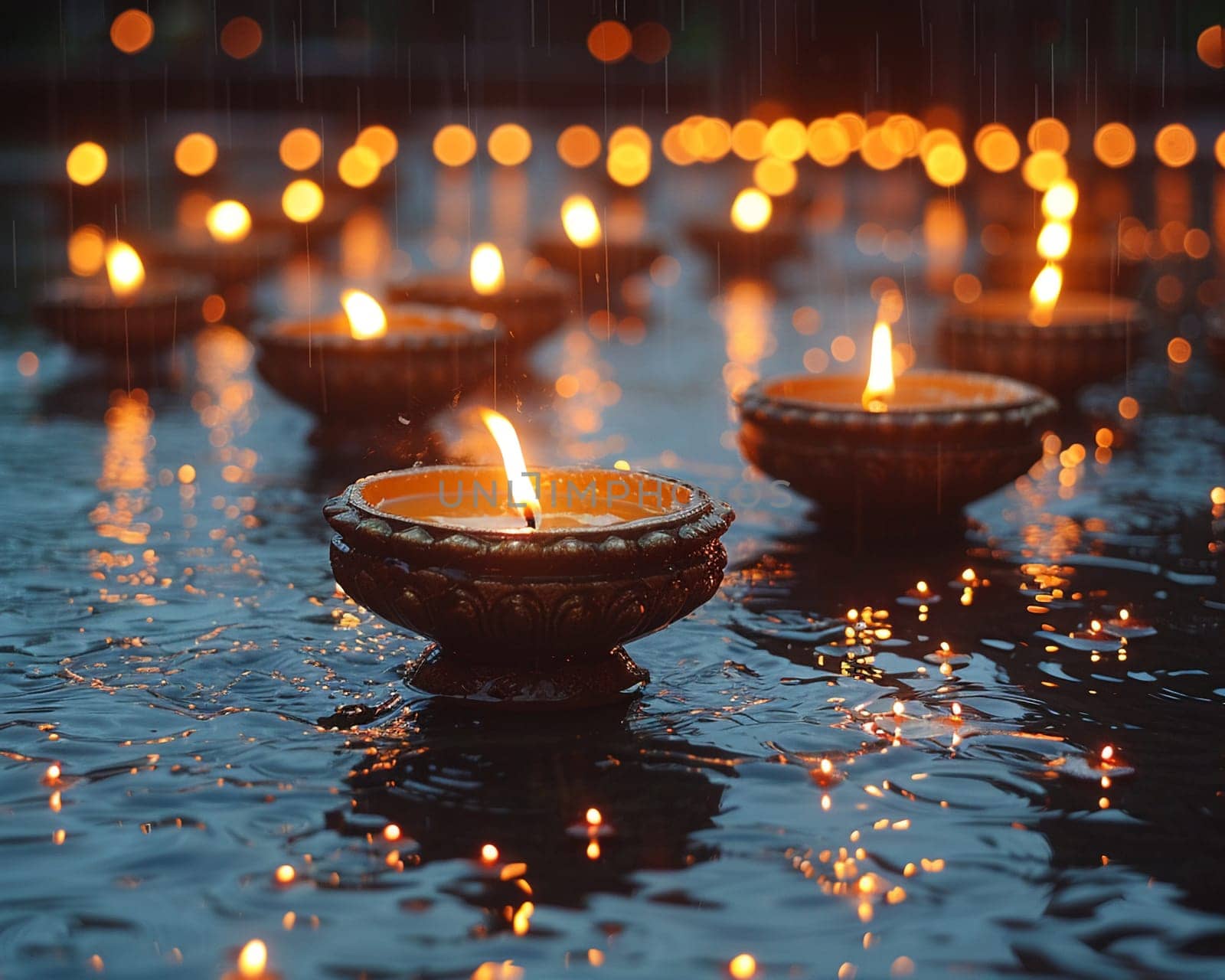 Hindu Diya Lamps Casting Soft Glows for Diwali, The lights blur together, celebrating the victory of light over darkness.